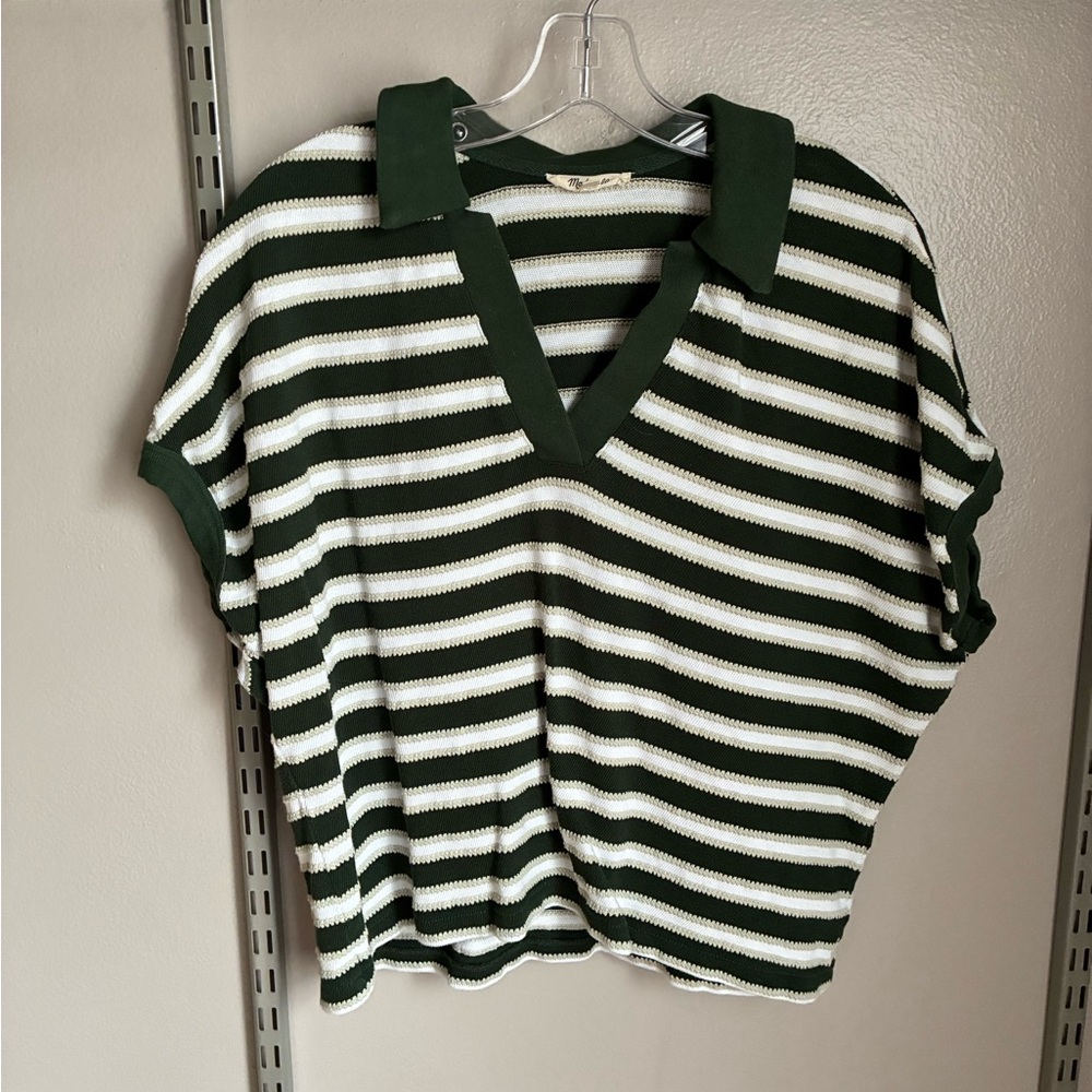 Madewell Forest Green and Cream Striped Knit Top